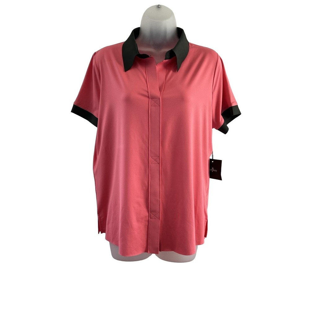 Belyn Key‎ Keystone Short Sleeve Shirt Womens Large Coral Black Golf Top NWT